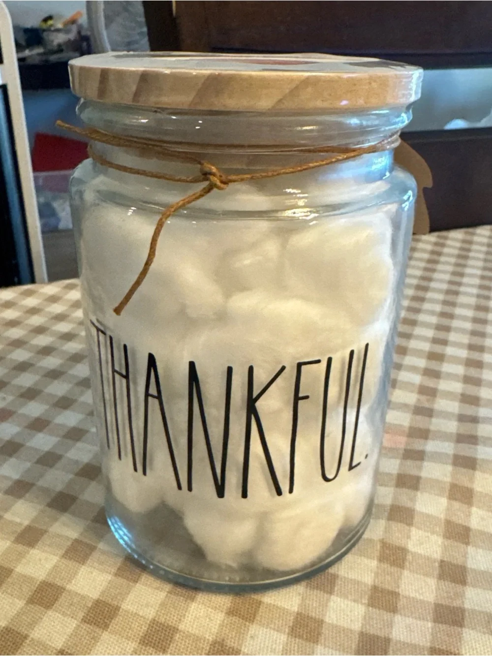 Thankful Glass Jar Cotton Ball Holder - White